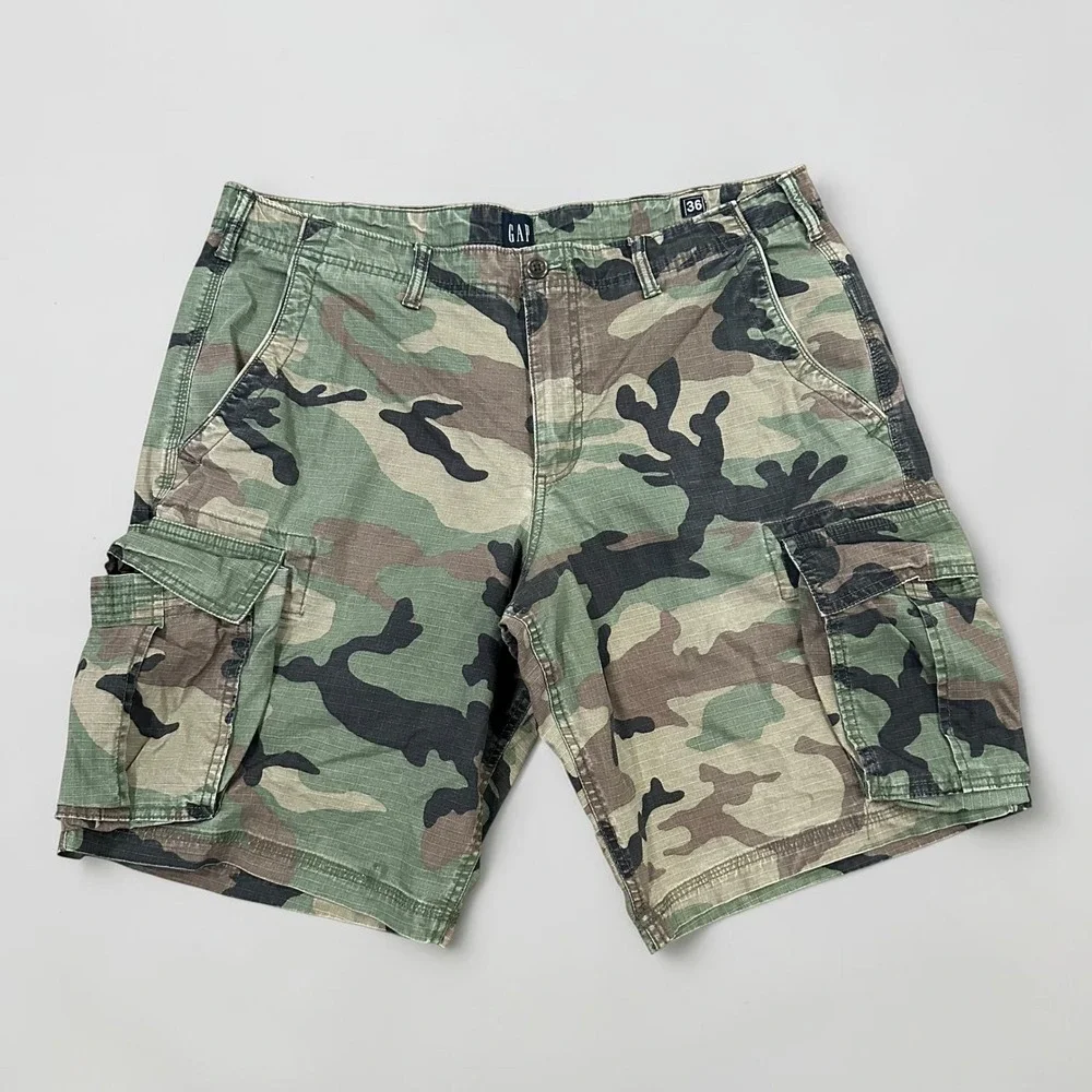 GAP Men's Camo Cargo Shorts 36 Green Camouflage Ripstop Spandex Stretch Utility